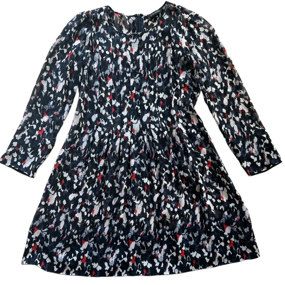 Club Monaco Women 8 Paint Splatter Navy‎ Mini Sheer Zipper Pleated 💯 Silk Dress